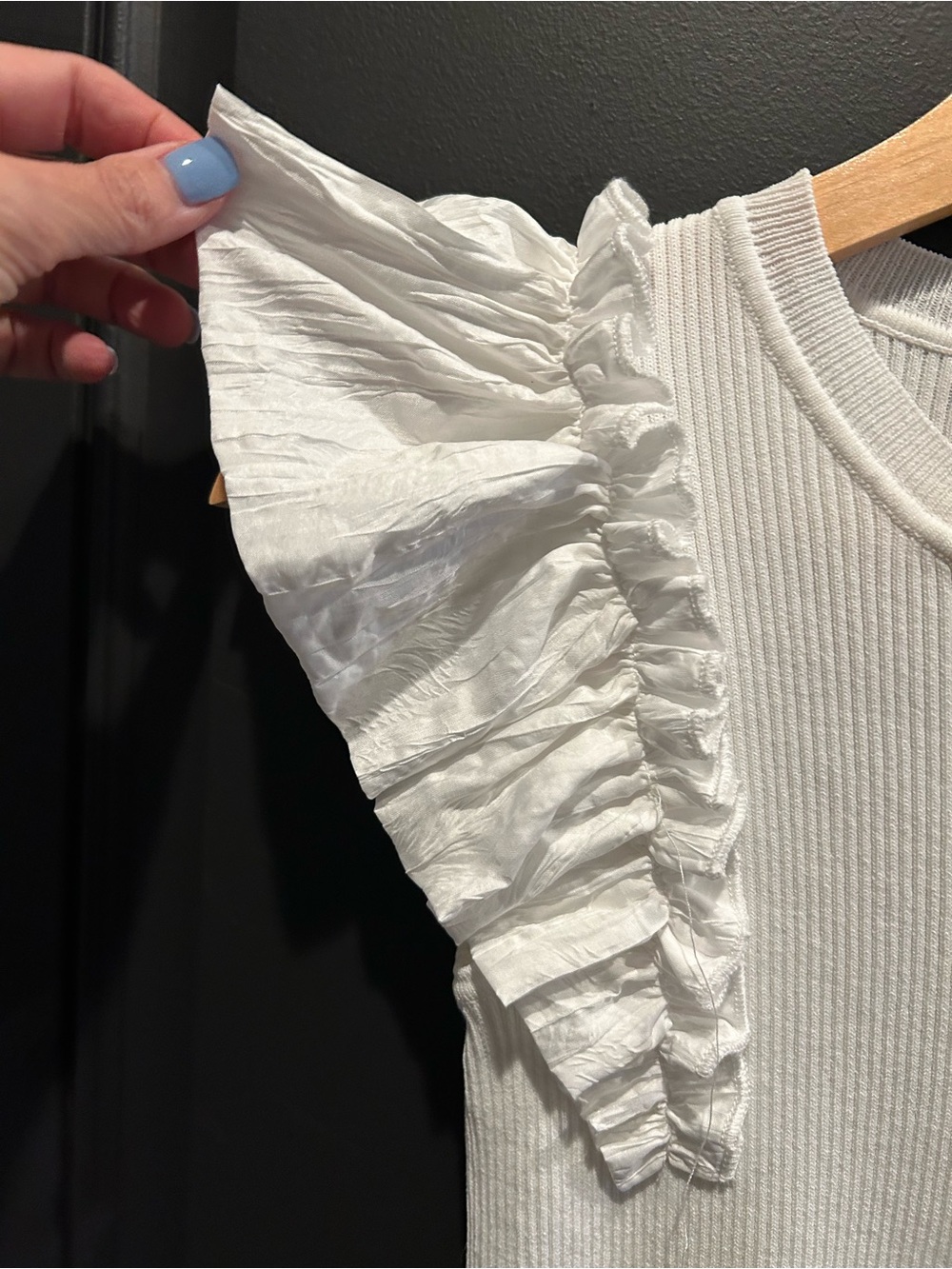 INDUSTRY White Ribbed Knit Top with Ruffled Cap Detail - Picture 3 of 7